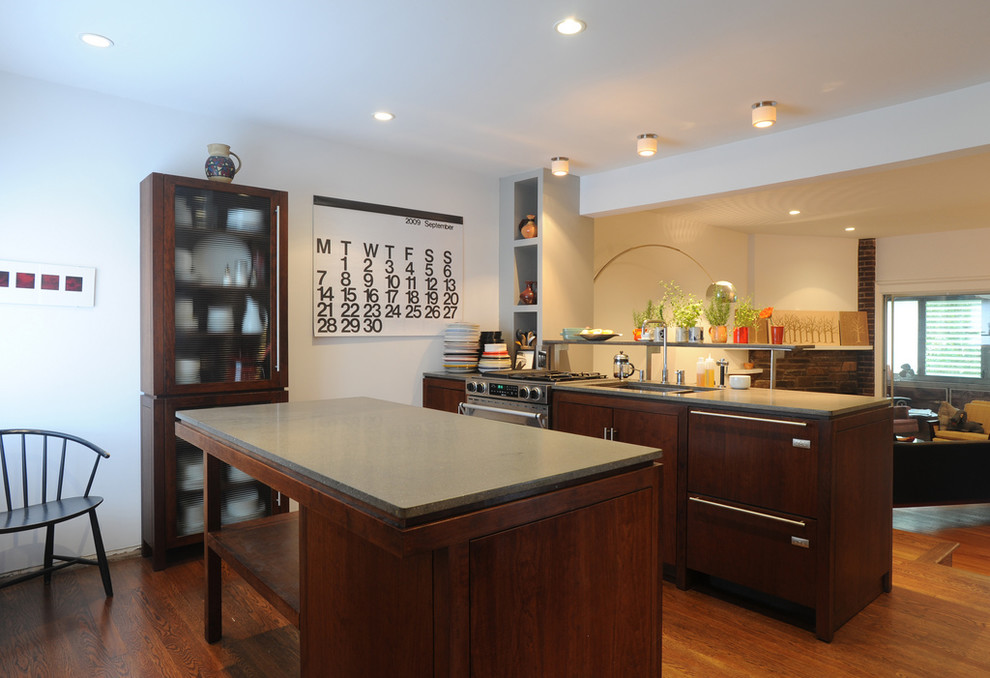 Стильный дизайн: кухня-гостиная в стиле модернизм с плоскими фасадами, темными деревянными фасадами и техникой из нержавеющей стали - последний тренд