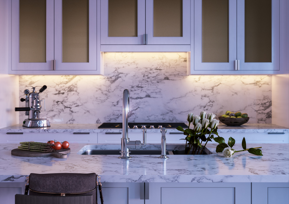 Design ideas for an expansive traditional kitchen in New York with a submerged sink, recessed-panel cabinets, white cabinets, marble worktops, white splashback, marble splashback, integrated appliances, medium hardwood flooring, an island, multi-coloured floors and white worktops.