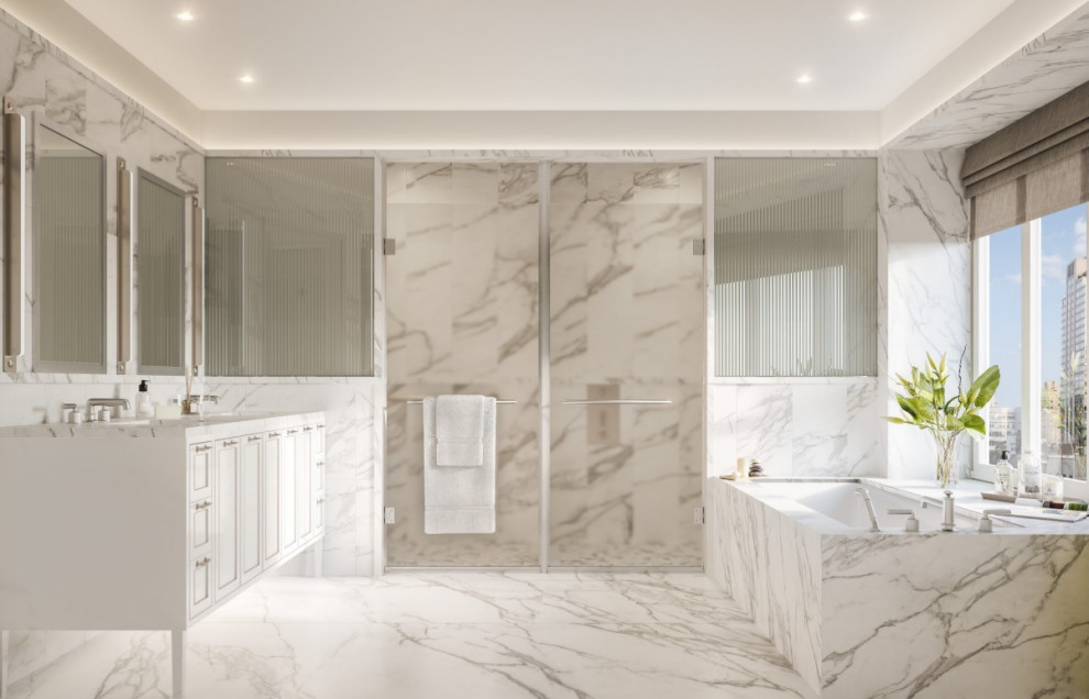 Inspiration för mycket stora klassiska badrum, med luckor med infälld panel, vita skåp, mellanmörkt trägolv och flerfärgat golv