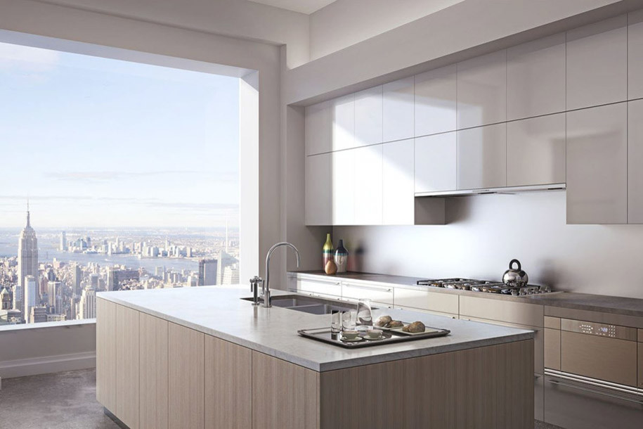 Immagine di un cucina con isola centrale minimal con ante lisce, paraspruzzi bianco, elettrodomestici in acciaio inossidabile, pavimento in marmo e top bianco