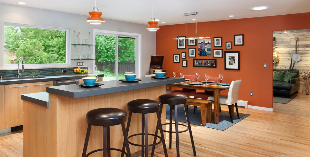 Example of a trendy eat-in kitchen design in Denver with an undermount sink