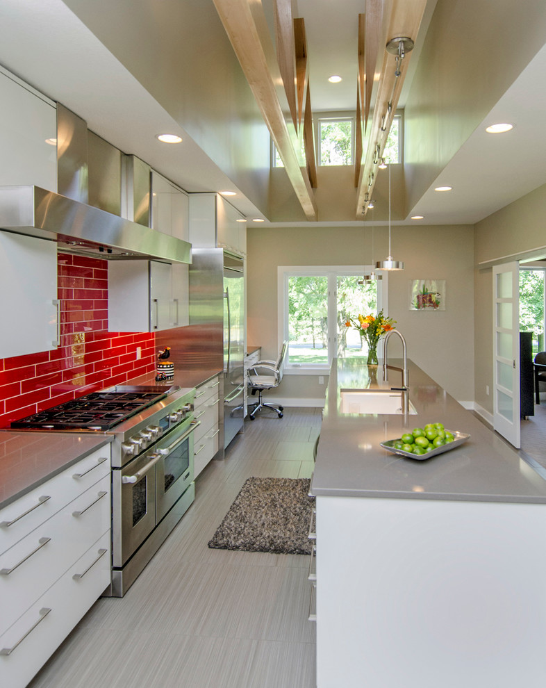Trendy kitchen photo in Other with red backsplash, subway tile backsplash, an undermount sink, white cabinets and flat-panel cabinets