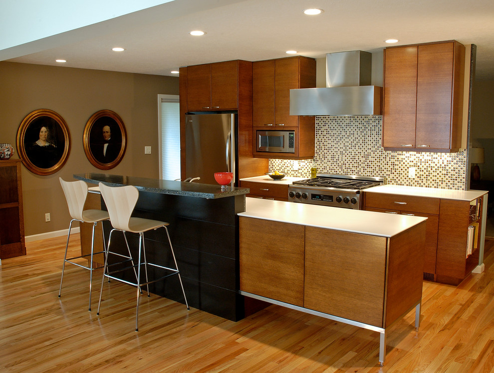 Kitchen - modern galley kitchen idea in Portland with mosaic tile backsplash, stainless steel appliances, flat-panel cabinets, dark wood cabinets and multicolored backsplash