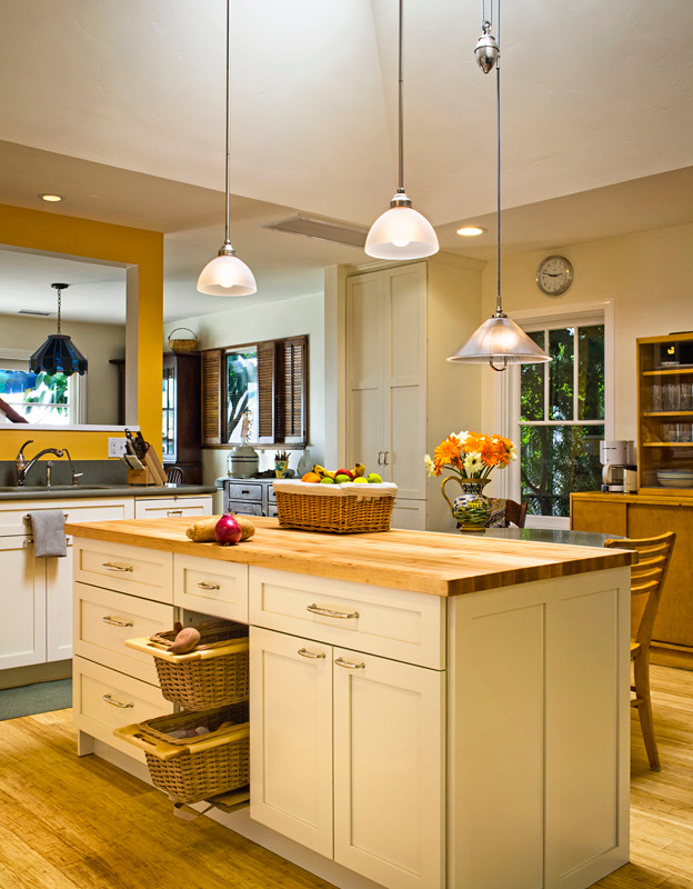 Exempel på ett avskilt, stort klassiskt u-kök, med en undermonterad diskho, ljust trägolv, vita vitvaror, luckor med infälld panel, vita skåp, träbänkskiva, gult stänkskydd och en köksö