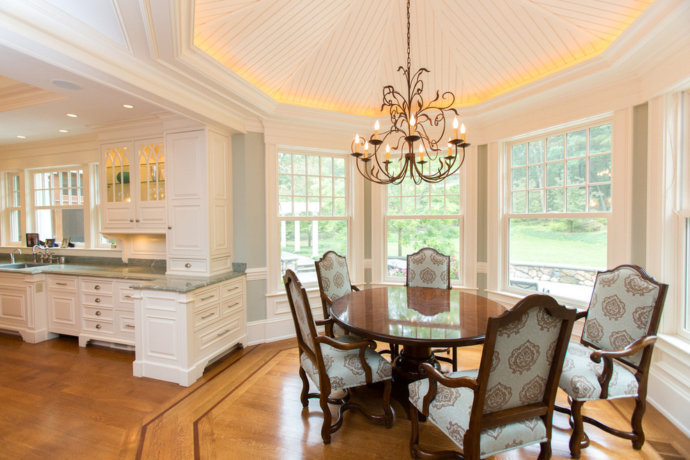 Inspiration for a timeless kitchen remodel in Boston with raised-panel cabinets and white cabinets