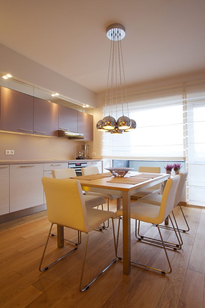 Imagen de cocina comedor lineal contemporánea con armarios con paneles lisos