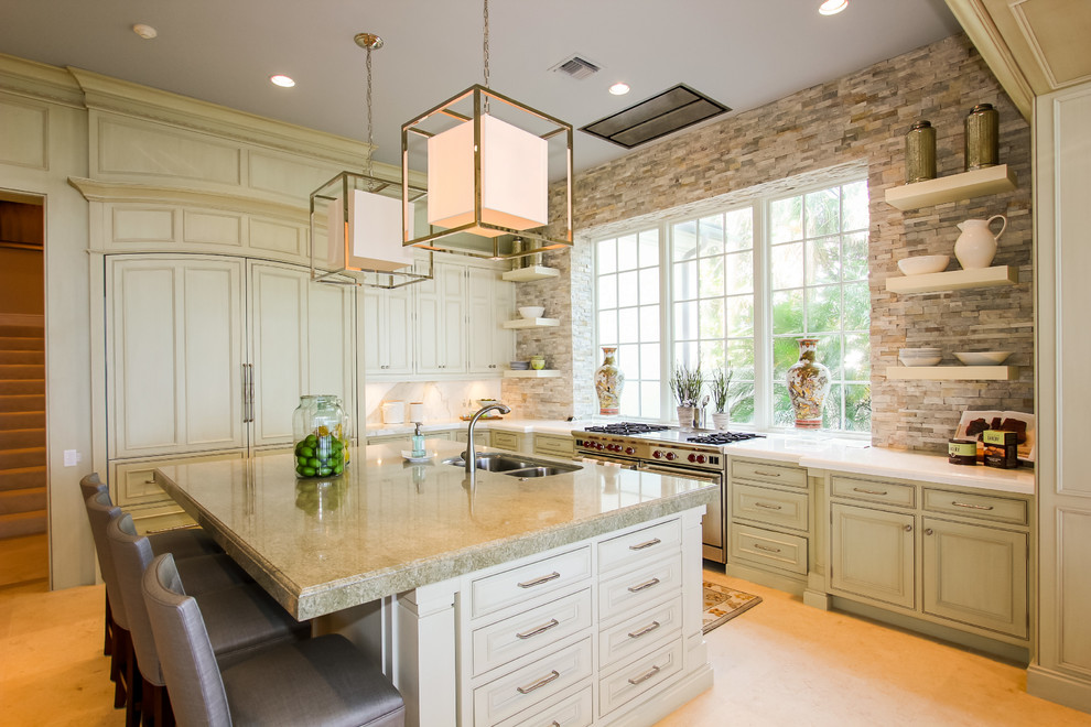 Inspiration for a mediterranean kitchen remodel in Boston with paneled appliances