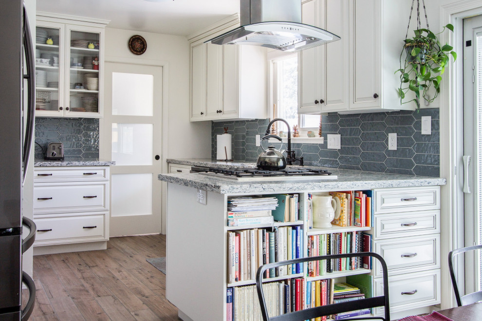 A bathroom and kitchen remodel with a custom bookshelf in Sacramento