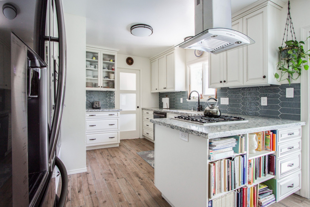 A bathroom and kitchen remodel with a custom bookshelf in Sacramento