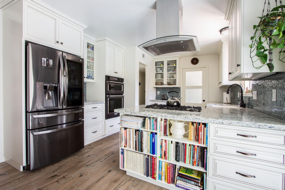 A bathroom and kitchen remodel with a custom bookshelf in Sacramento