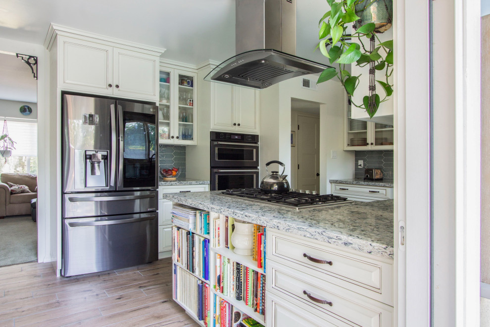A bathroom and kitchen remodel with a custom bookshelf in Sacramento