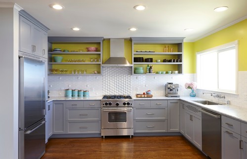 Contemporary kitchen with grey RTA cabinets and vibrant yellow accents