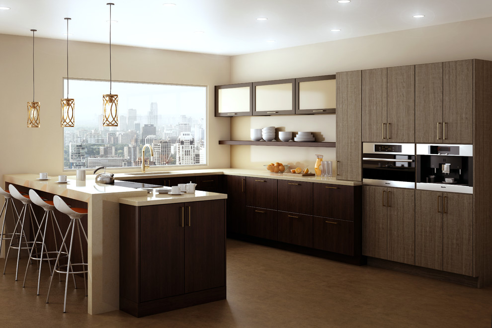 Contemporary u-shaped kitchen in Toronto with a double-bowl sink, flat-panel cabinets, dark wood cabinets, beige splashback, glass sheet splashback, stainless steel appliances, lino flooring and a breakfast bar.