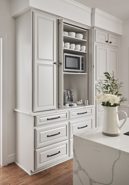 Explore Hidden Kitchen Coffee Bar Ideas with Gray Raised Panel Cabinets