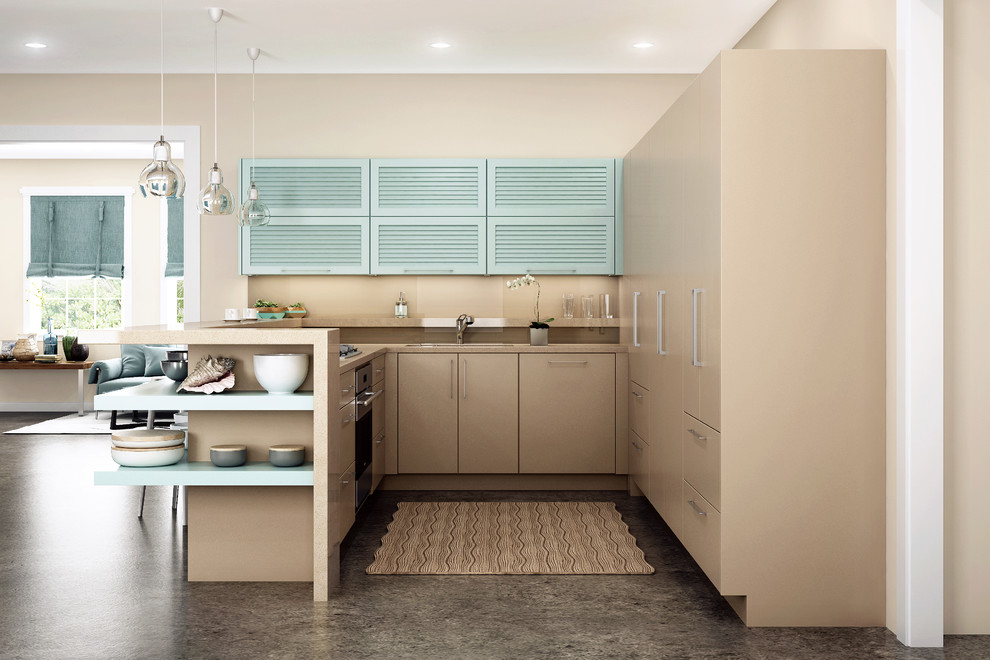 Exempel på ett litet modernt kök, med en köksö, en undermonterad diskho, luckor med lamellpanel, brunt stänkskydd, integrerade vitvaror, blå skåp, bänkskiva i koppar, stänkskydd i keramik, laminatgolv och grått golv