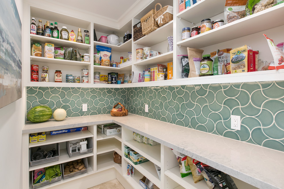 Kitchen pantry - transitional l-shaped beige floor kitchen pantry idea in San Diego with open cabinets, white cabinets, blue backsplash, no island and white countertops