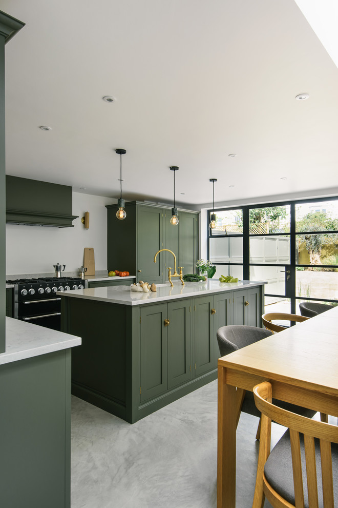 Medium sized contemporary kitchen/diner in Other with shaker cabinets, green cabinets, quartz worktops, white splashback, integrated appliances, an island and white worktops.