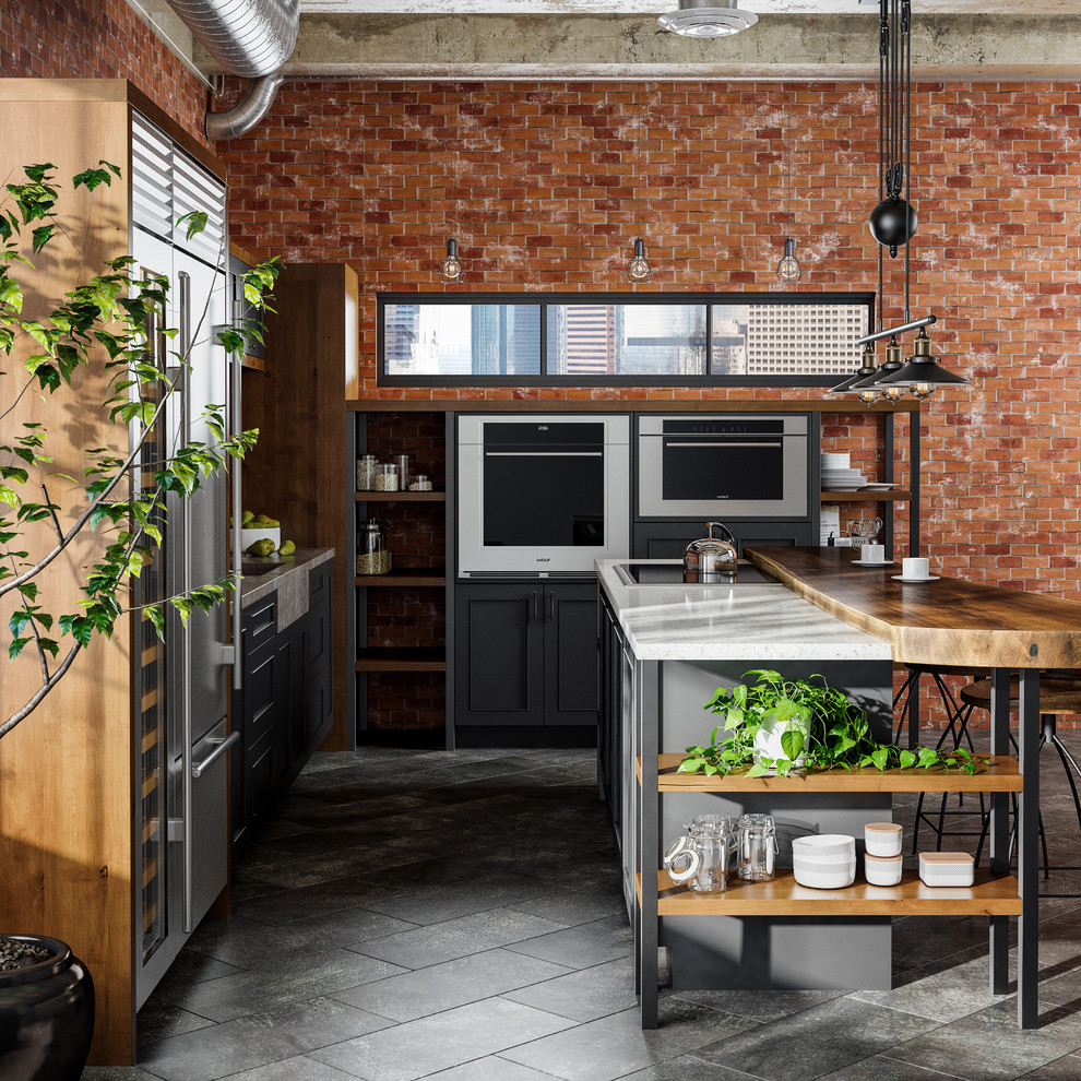 Design ideas for an industrial l-shaped open plan kitchen in Minneapolis with an integrated sink, flat-panel cabinets, black cabinets, wood worktops, red splashback, brick splashback, stainless steel appliances, porcelain flooring and an island.