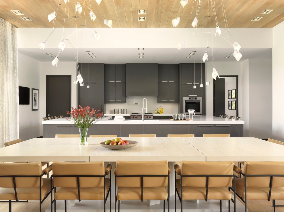 セントルイスにあるコンテンポラリースタイルのおしゃれなキッチン (フラットパネル扉のキャビネット、グレーのキャビネット、シルバーの調理設備) の写真