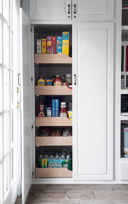 Shaker Style All the Way: White Pantry Cabinet Ideas with Wooden Drawers