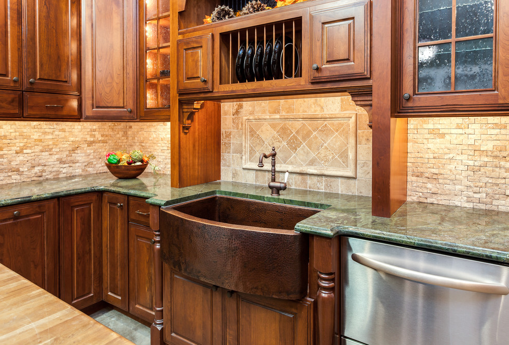 A Pounded Copper Farm Sink shines in this JM Kitchen ...