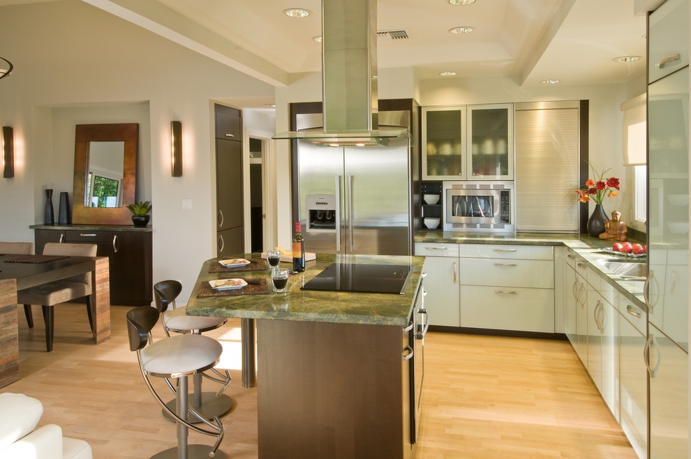 Aménagement d'une cuisine contemporaine avec un placard à porte plane et un électroménager en acier inoxydable.