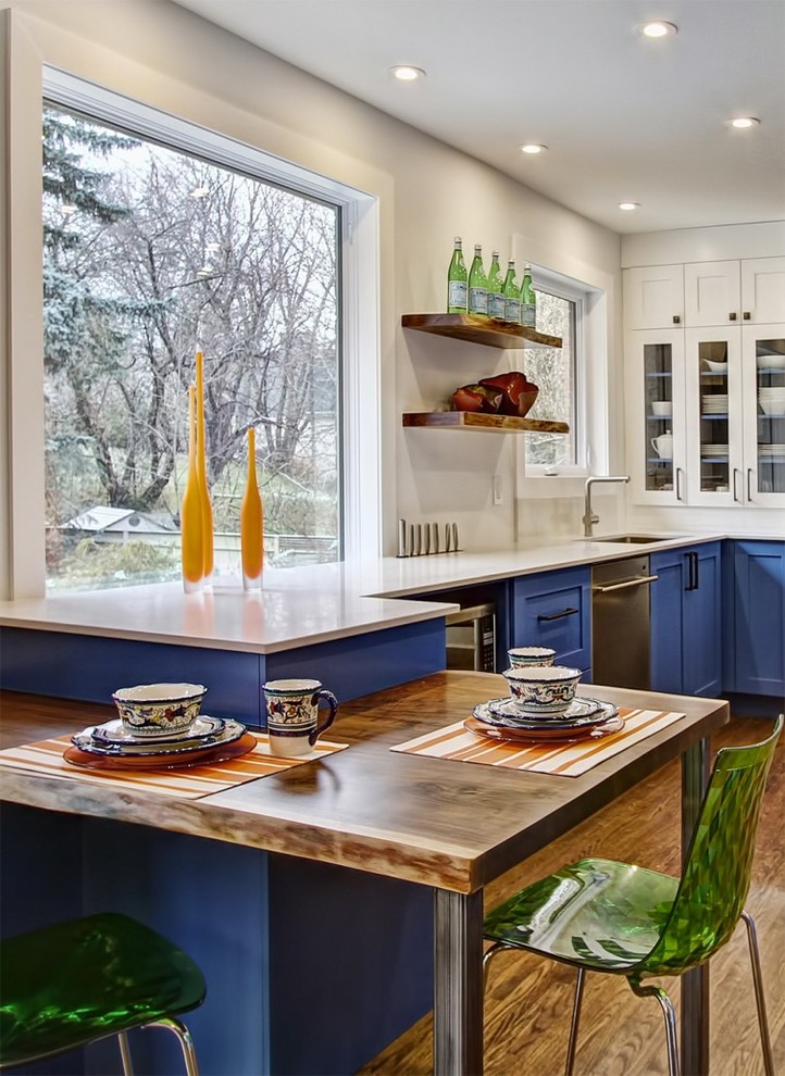 Inspiration för mellanstora eklektiska kök, med en undermonterad diskho, luckor med infälld panel, blå skåp, marmorbänkskiva, vitt stänkskydd, rostfria vitvaror och mellanmörkt trägolv