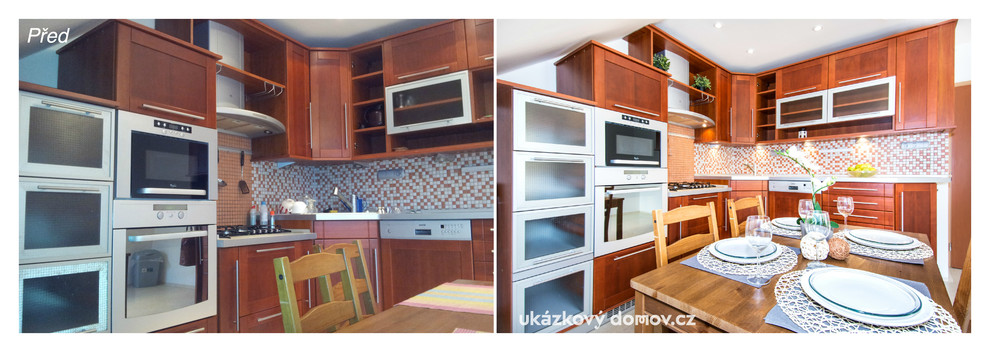 This is an example of a small contemporary l-shaped enclosed kitchen in Other with a single-bowl sink, recessed-panel cabinets, medium wood cabinets, laminate countertops, orange splashback, mosaic tiled splashback, stainless steel appliances, lino flooring and no island.