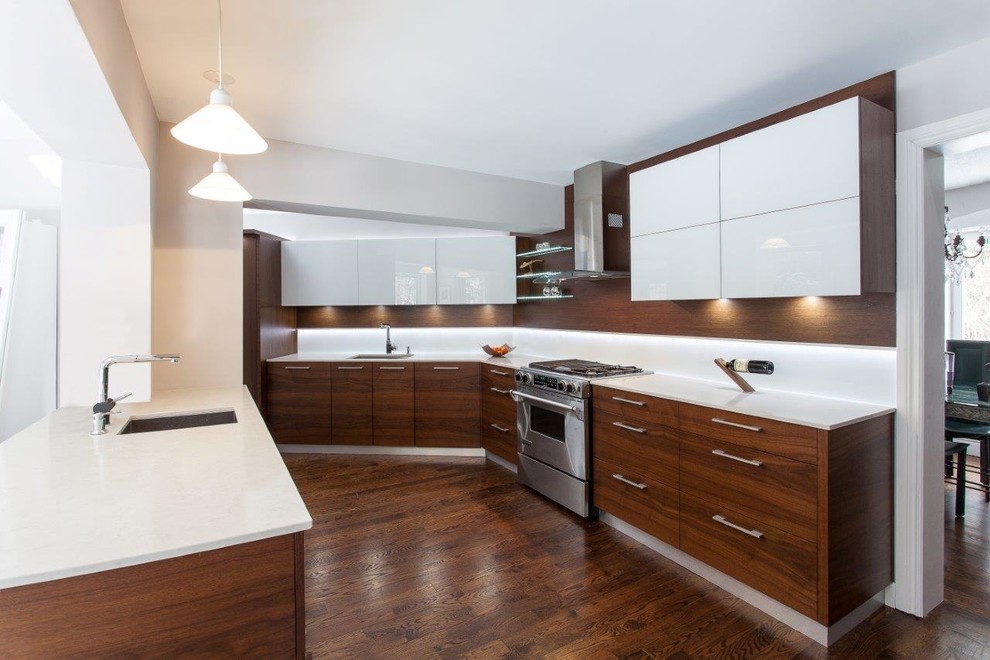 Inspiration for a large contemporary galley medium tone wood floor enclosed kitchen remodel in Ottawa with an undermount sink, flat-panel cabinets, medium tone wood cabinets, quartz countertops, white backsplash and stainless steel appliances