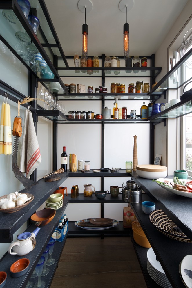Example of a trendy u-shaped kitchen pantry design in San Francisco with open cabinets