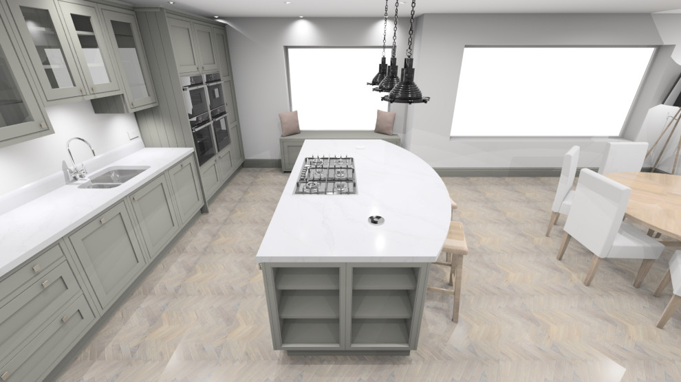 Example of a large trendy medium tone wood floor and gray floor eat-in kitchen design in Glasgow with an undermount sink, shaker cabinets, gray cabinets, quartzite countertops, white backsplash, stainless steel appliances, an island and white countertops