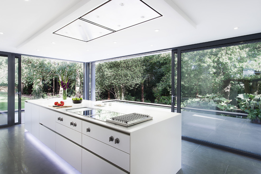 Modern kitchen in Hampshire with flat-panel cabinets and white cabinets.
