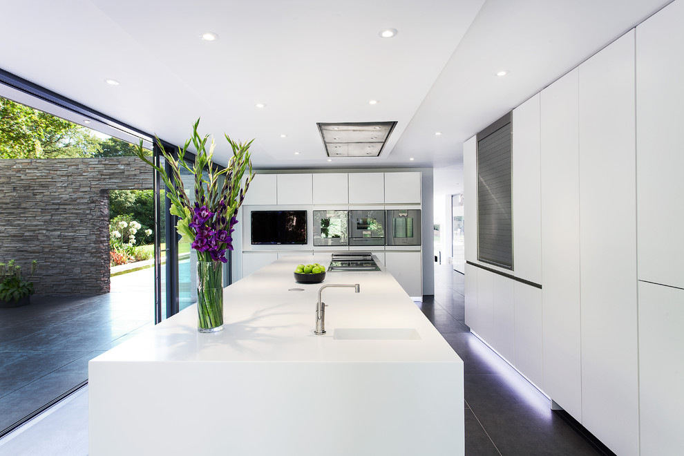 Inspiration for a modern kitchen in Hampshire with an integrated sink, flat-panel cabinets and white cabinets.