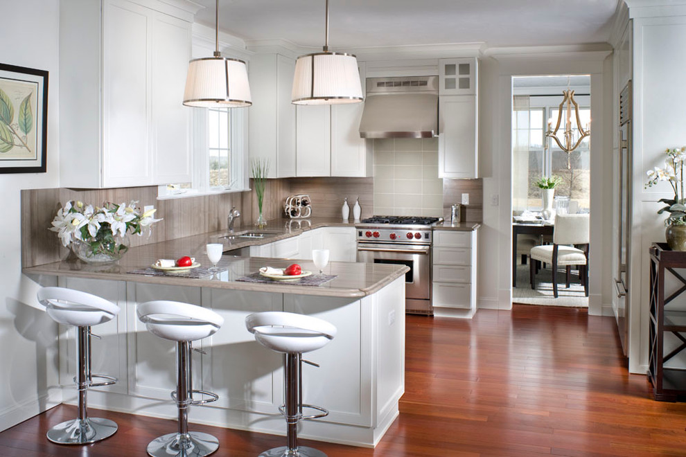 Inspiration for a contemporary kitchen remodel in Boston with white cabinets and brown backsplash