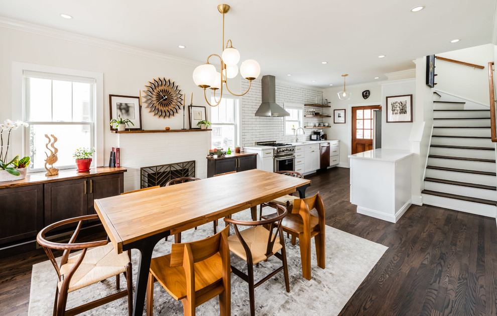 Small transitional galley dark wood floor and brown floor eat-in kitchen photo in DC Metro with an undermount sink, shaker cabinets, white cabinets, quartz countertops, white backsplash, ceramic backsplash, stainless steel appliances, no island and white countertops