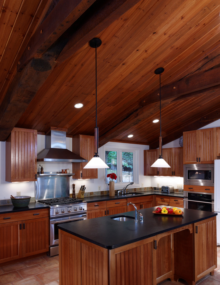 Idée de décoration pour une cuisine design en bois brun avec un placard à porte affleurante et un plan de travail en stéatite.