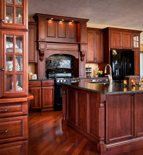 Facade of kitchen. Front view to red kitchen with appliances. 3d Stock  Photo by ©urfingus 109489924