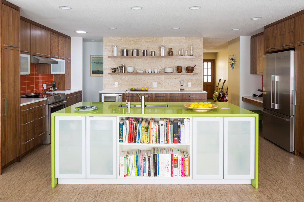 Large 1950s kitchen photo in Minneapolis with a double-bowl sink, flat-panel cabinets, dark wood cabinets, red backsplash, an island and green countertops