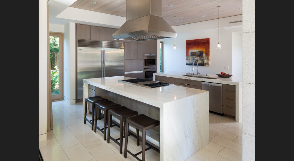 Large modern kitchen in San Diego with multiple islands.
