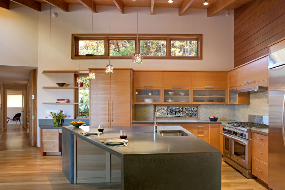 Cette photo montre une cuisine moderne avec un plan de travail en béton et un électroménager en acier inoxydable.