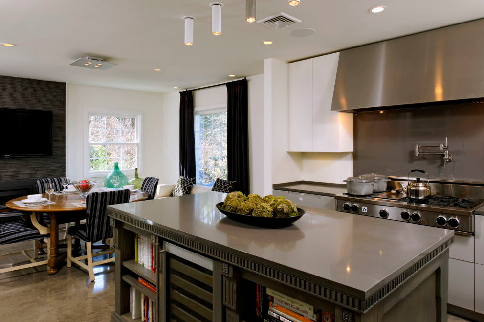 Medium sized modern u-shaped kitchen/diner in DC Metro with a submerged sink, grey cabinets, black splashback, stainless steel appliances, ceramic flooring, an island, flat-panel cabinets, composite countertops and stone slab splashback.