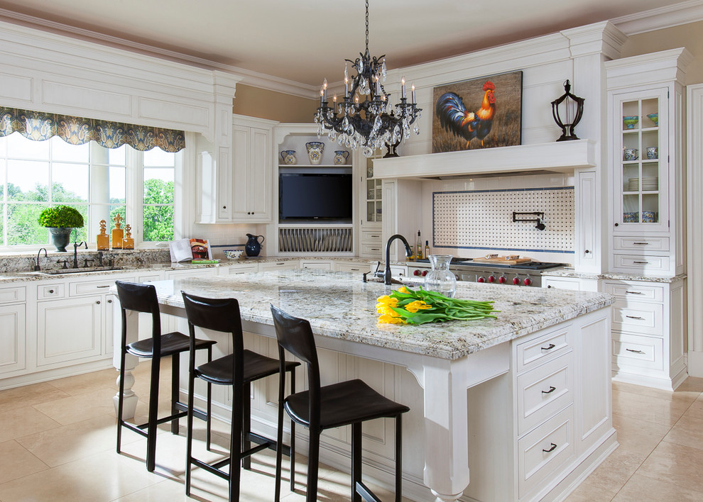 Example of a large transitional l-shaped ceramic tile kitchen design in Charlotte with an undermount sink, recessed-panel cabinets, white cabinets, granite countertops, white backsplash, glass tile backsplash, stainless steel appliances and an island