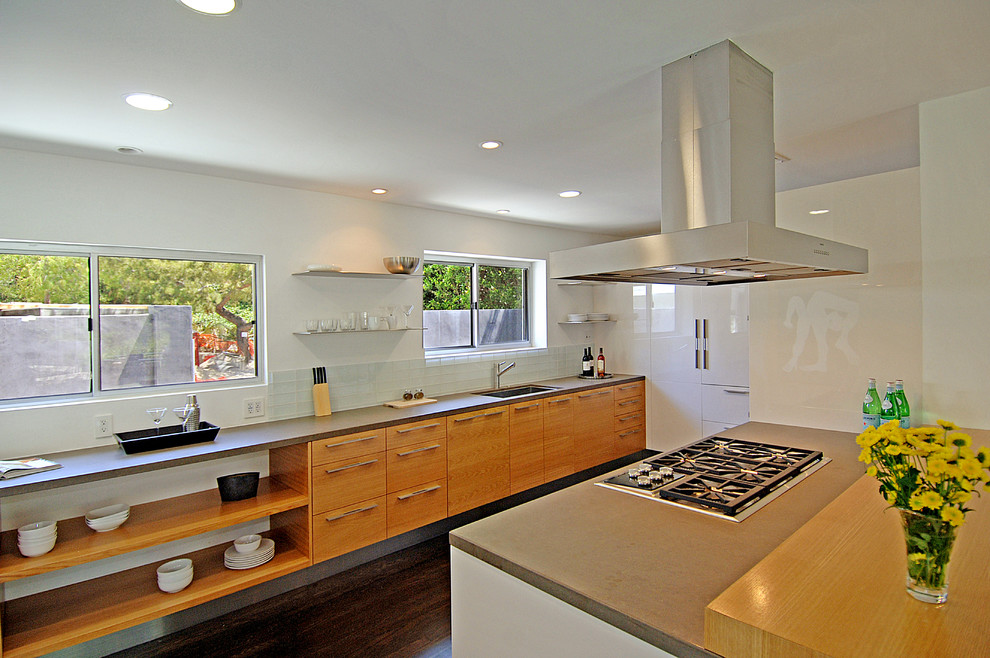 Источник вдохновения для домашнего уюта: кухня в стиле модернизм с одинарной мойкой, открытыми фасадами и фасадами цвета дерева среднего тона