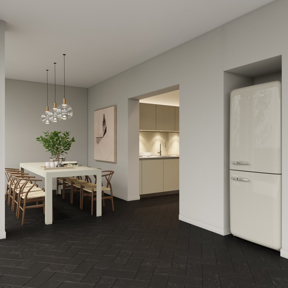 Design ideas for a medium sized contemporary galley kitchen/diner in London with flat-panel cabinets, grey cabinets, quartz worktops, glass sheet splashback, stainless steel appliances, slate flooring, no island, black floors and grey worktops.