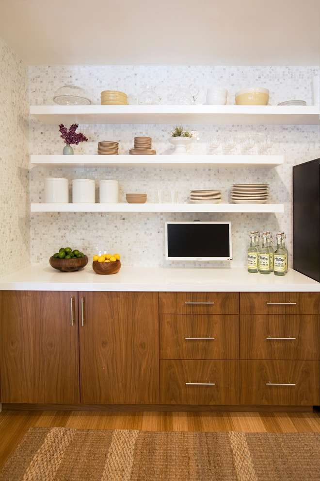 Trendy kitchen photo in San Francisco with mosaic tile backsplash, open cabinets and white cabinets
