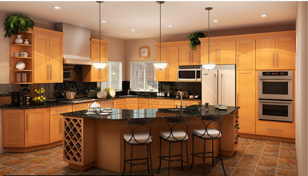 Inspiration for a mid-sized timeless l-shaped ceramic tile eat-in kitchen remodel in New York with shaker cabinets, light wood cabinets, granite countertops, black backsplash, stone slab backsplash, stainless steel appliances and an island