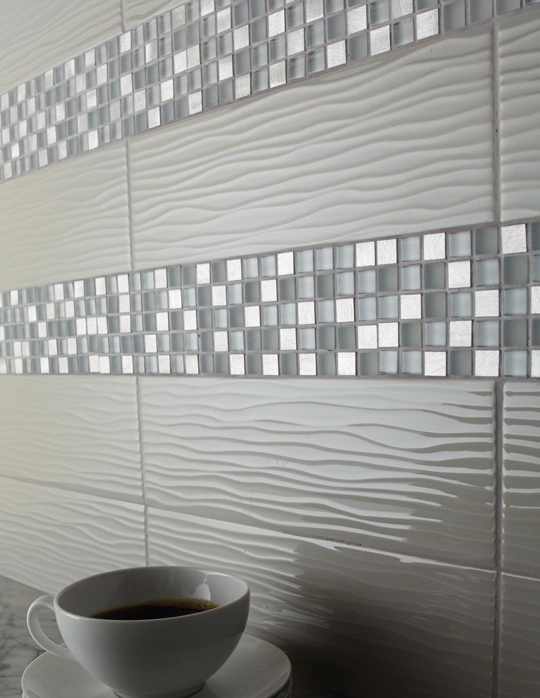 Mid-sized elegant enclosed kitchen photo in Boise with gray backsplash, ceramic backsplash, gray cabinets and stainless steel appliances