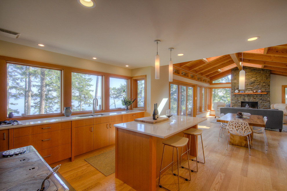 Источник вдохновения для домашнего уюта: кухня-гостиная в стиле рустика с плоскими фасадами и фасадами цвета дерева среднего тона