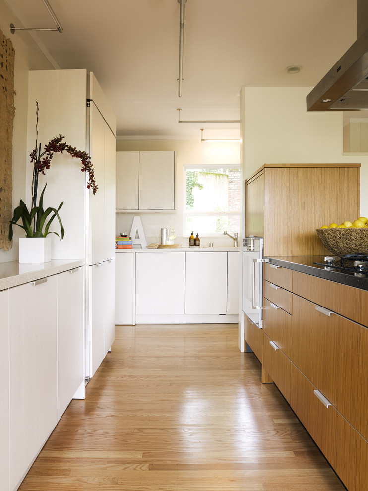 Immagine di una cucina parallela minimalista chiusa e di medie dimensioni con ante lisce, ante bianche e nessuna isola