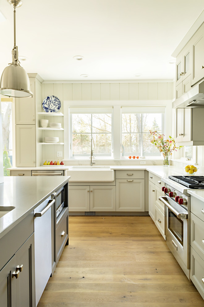 Photo of a nautical grey and cream kitchen in Boston.